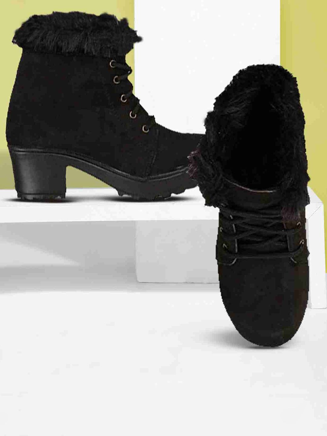 SHOE LAB Blkfer Hathoda Women Faux Fur Trim Suede Block Heel Winter Boots