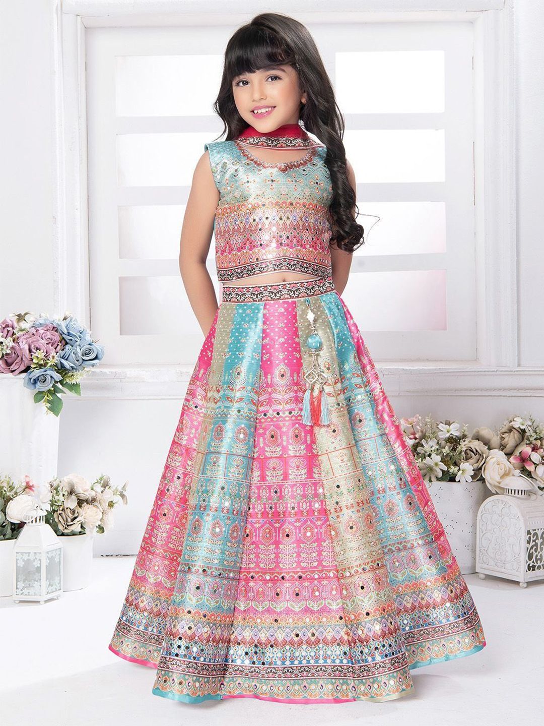 JAY NAGNATH FAB Girls Embellished Mirror Work Ready to Wear Lehenga & Blouse With Dupatta