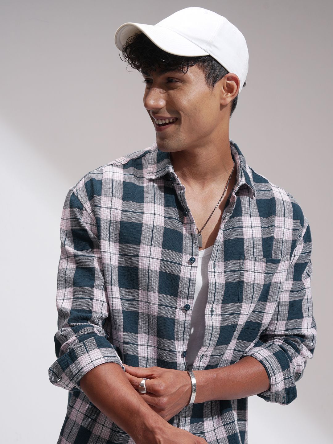 HIGHLANDER Checked Cutaway Collar Oversized Cotton Shirt
