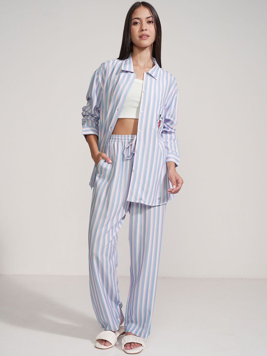 Tokyo Talkies Striped Collar Neck Shirt With Trousers Co-Ords