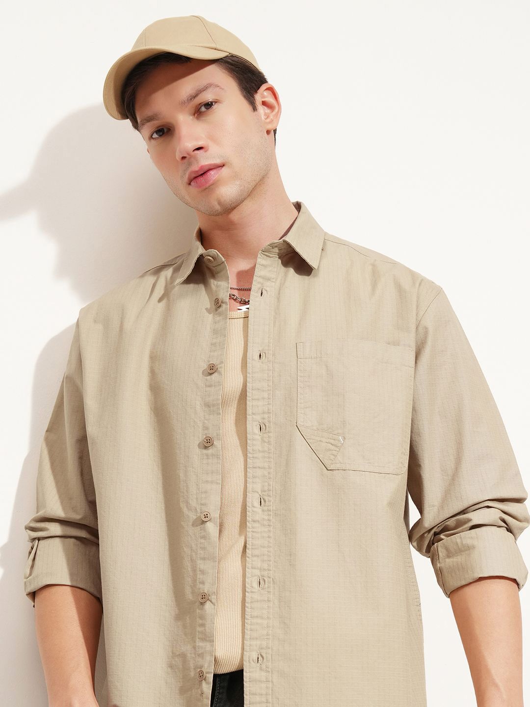 HIGHLANDER Self Design Spread Collar Long Sleeves Cotton Oversized Shirt