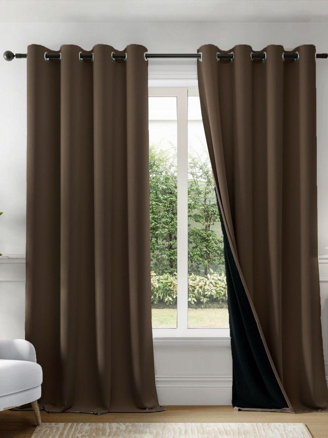 Set of 2 Window Curtain HOMEMONDE Brown & Black Set of 2 Black Out Window Curtain