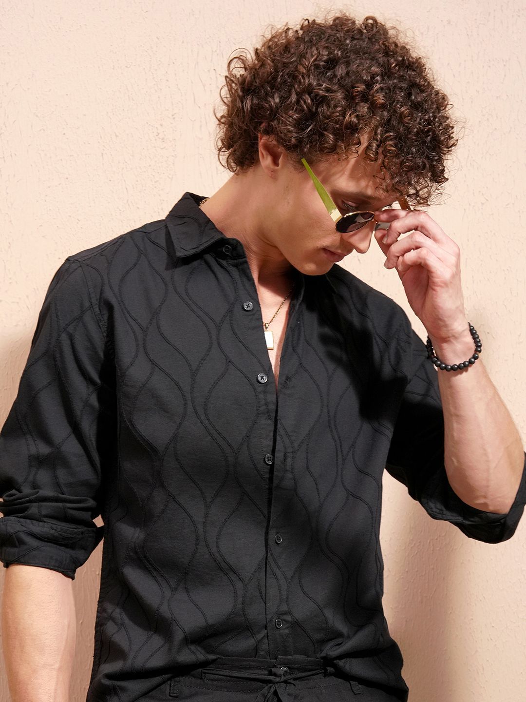 HIGHLANDER Self Design Spread Collar Long Sleeves Cotton Slim Fit Shirt