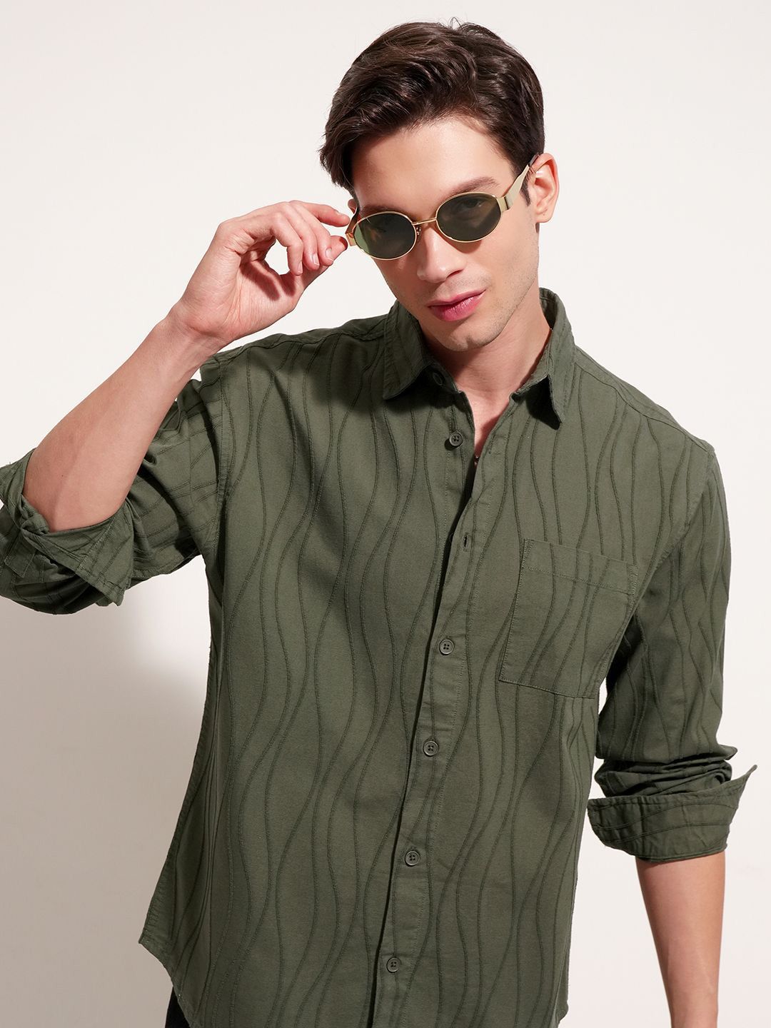 HIGHLANDER Self Design Cutaway Collar Casual Cotton Regular Fit Shirt