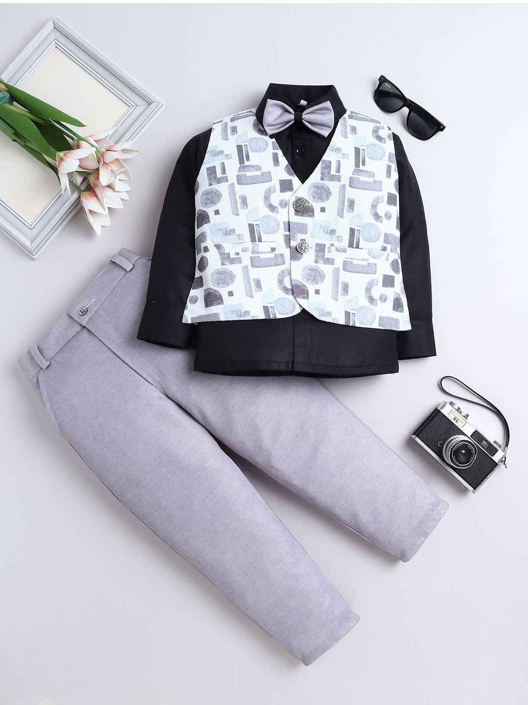FOURFOLDS Boys Printed Three-Piece Party Suit With Bow Tie