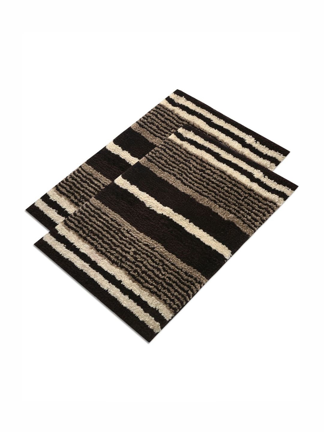 Aura 2-Pcs White & Brown Striped Anti-Skid Bath Rugs