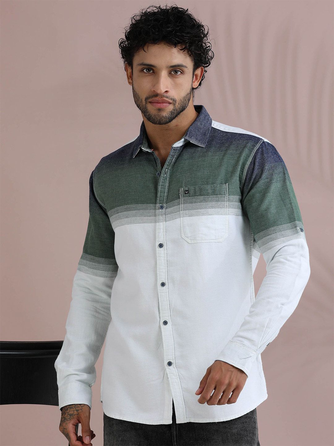 RIGS AND RAGS Men Comfort Fit Horizontal Striped Spread Collar Cotton Casual Shirt