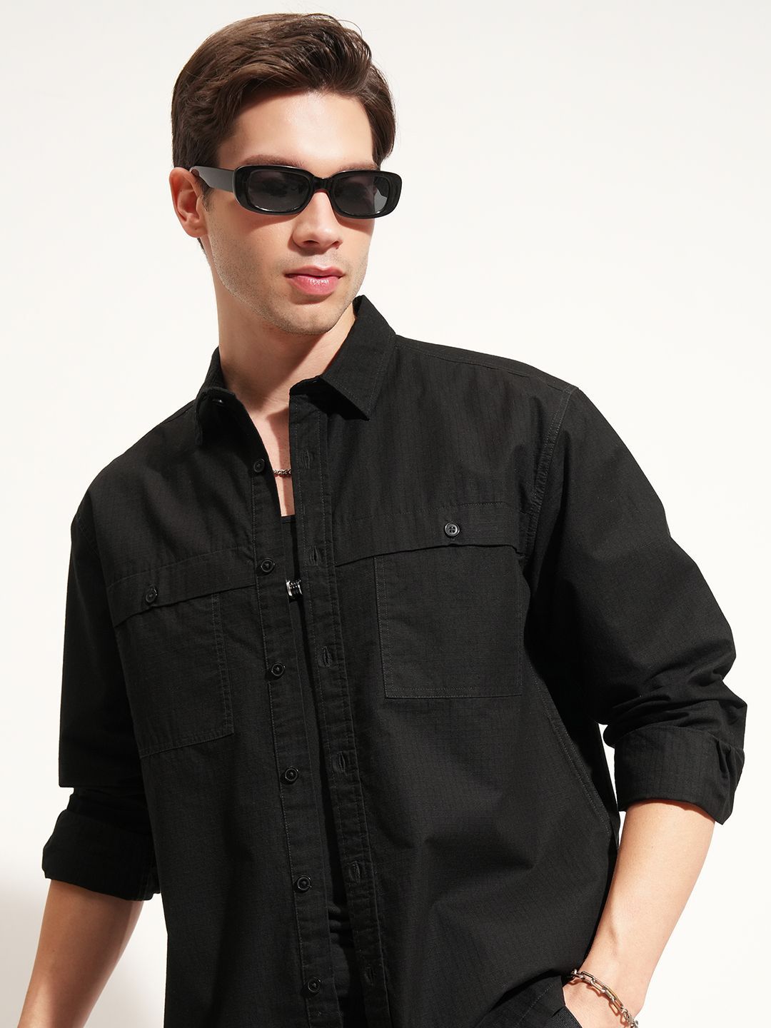 HIGHLANDER Men Oversized Fit Textured Spread Collar Cotton Casual Shirt