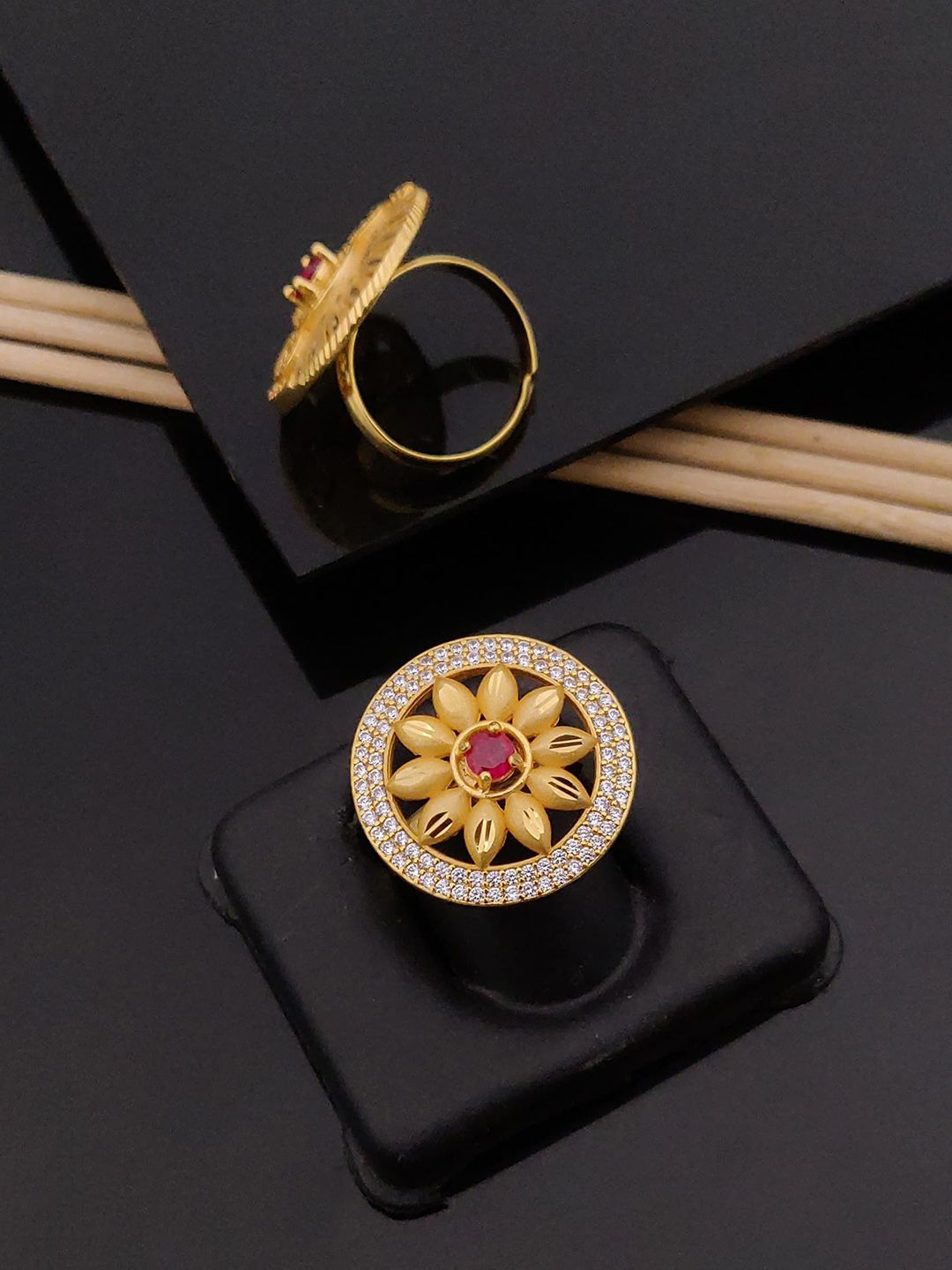 TKRB SALES Gold-Plated Stone-Studded Adjustable Finger Ring