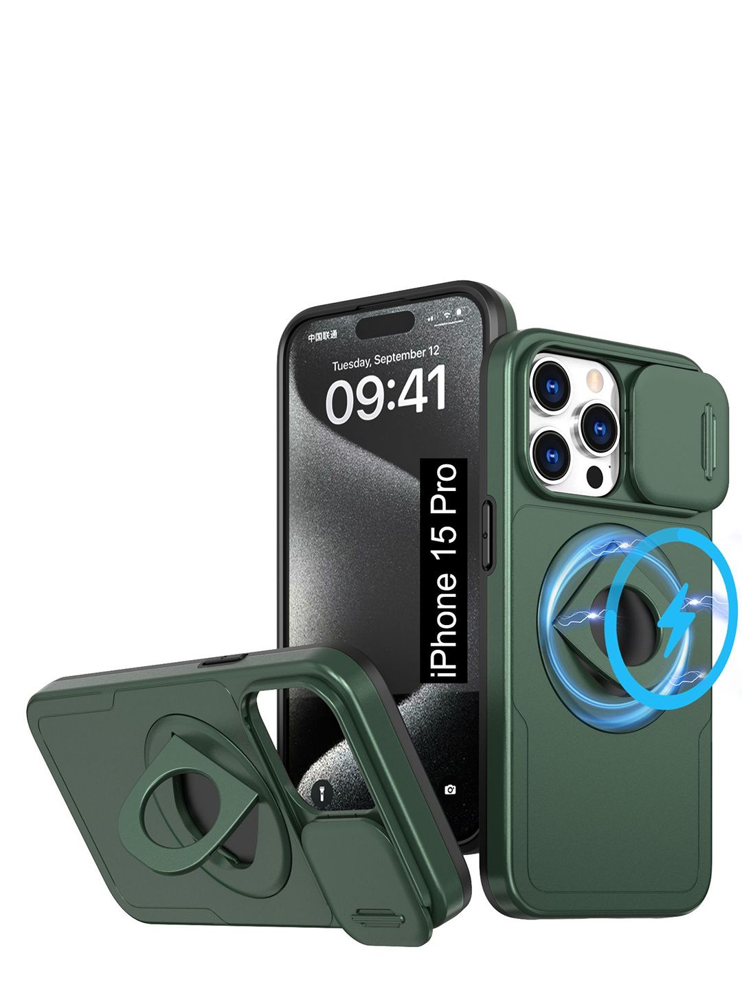Luxury Kase Unisex iPhone 15 Pro Mag Safe Shockproof Rugged Back Case with Ring Kickstand