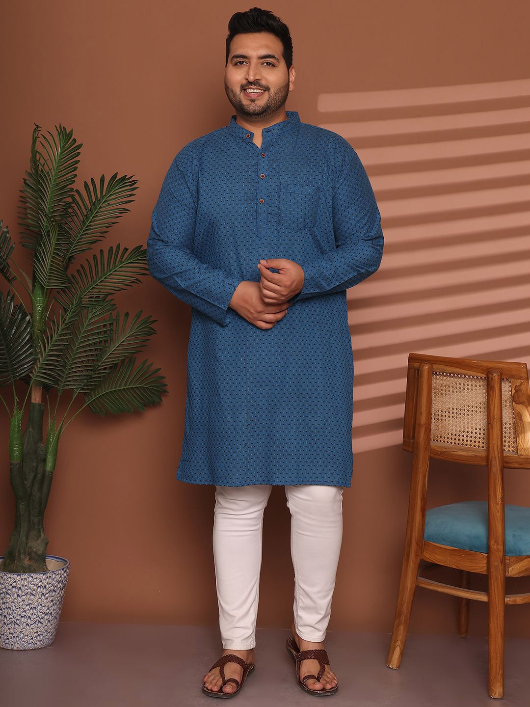 Enchanted Drapes Plus Size Geometric Printed Band Collar Pure Cotton Straight Kurta