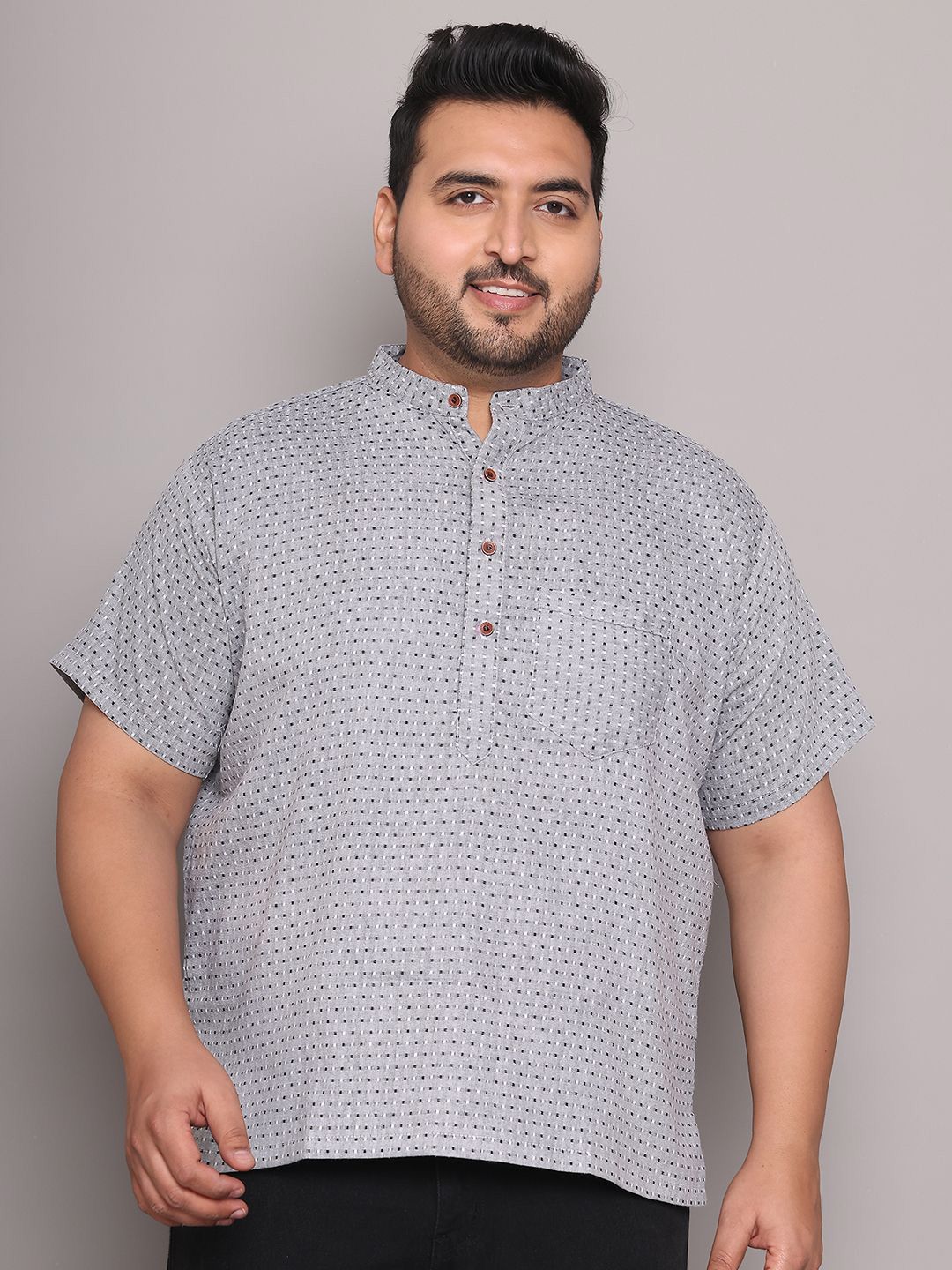 Enchanted Drapes Plus Size Geometric Woven Design Band Collar Pure Cotton Short Kurta
