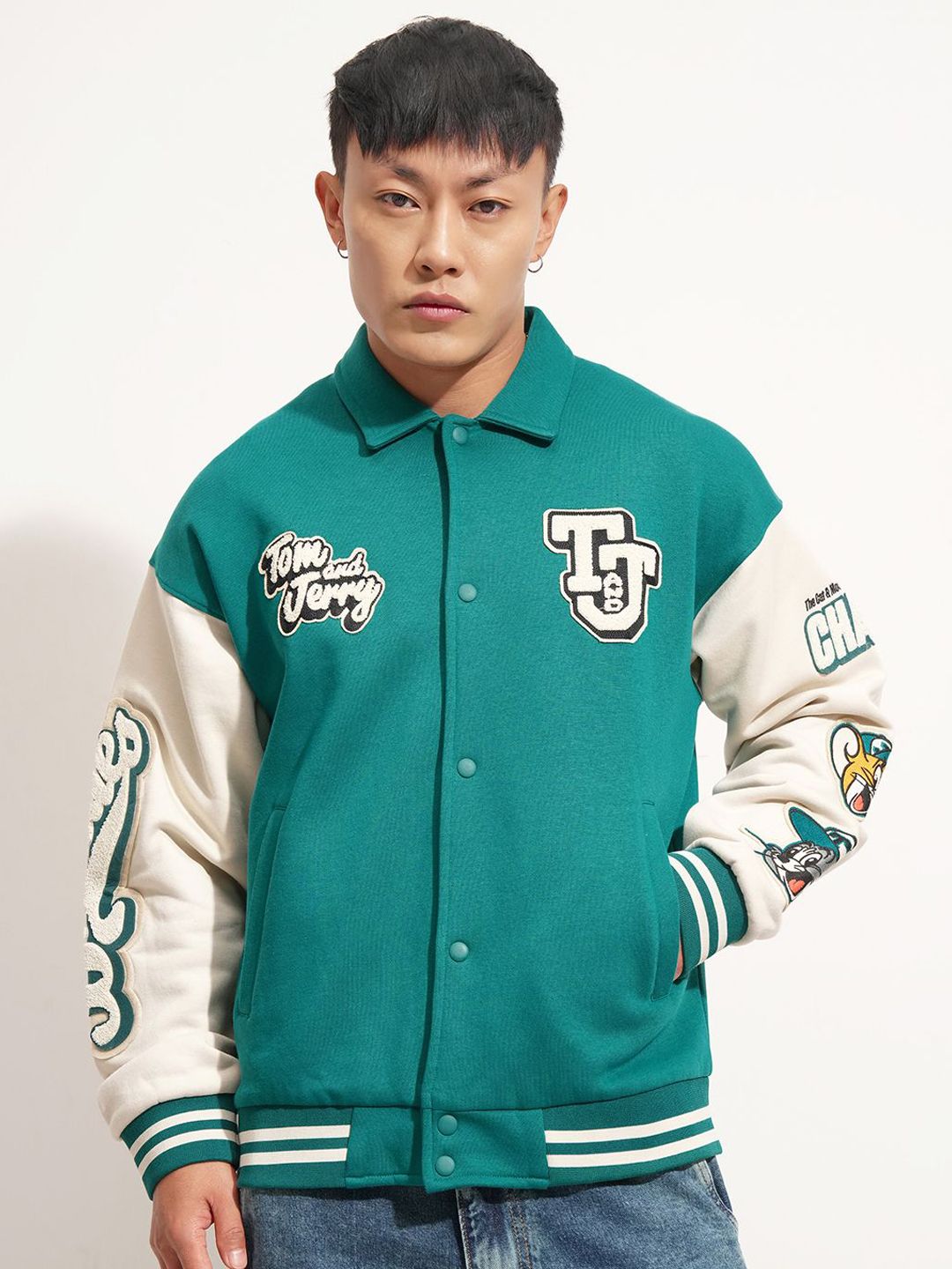 HIGHLANDER Warner Bros Bros Tom & Jerry Typographic Printed Spread Collar Varsity Jacket