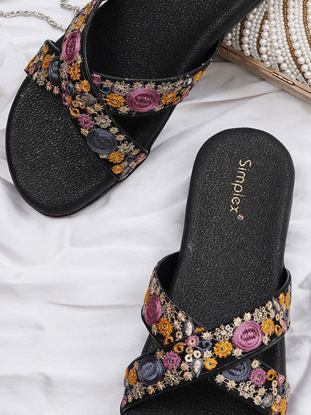 Buy Simplex Footwear Women Sequin Embroidered Open Toe Flats
