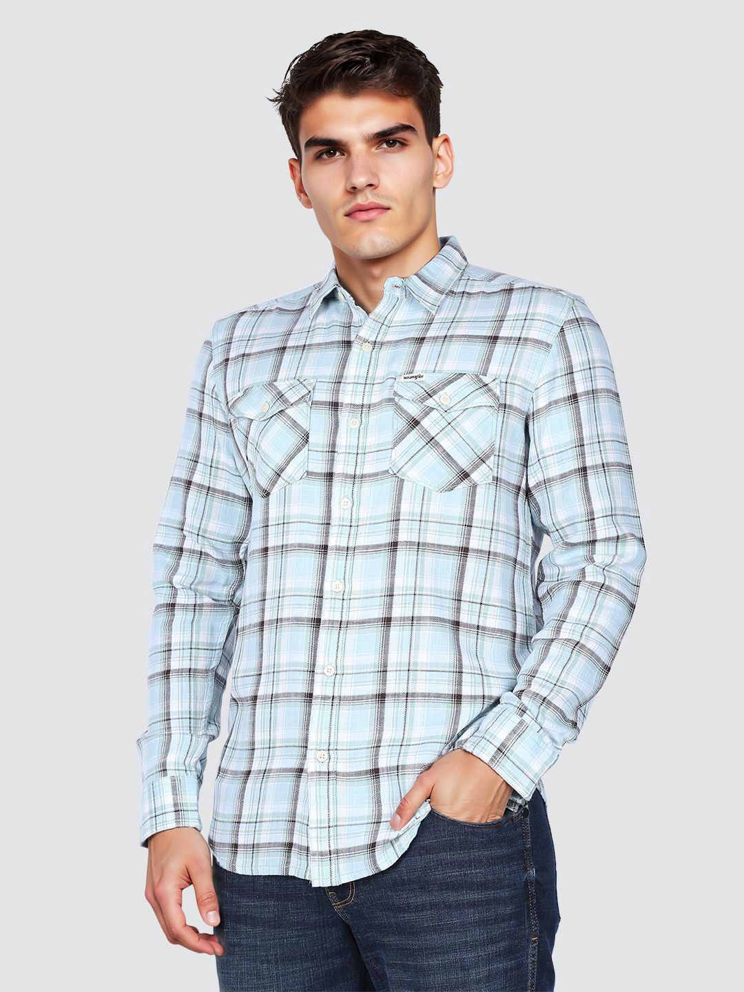Wrangler Men Tartan Checked Spread Collar Cotton Casual Shirt