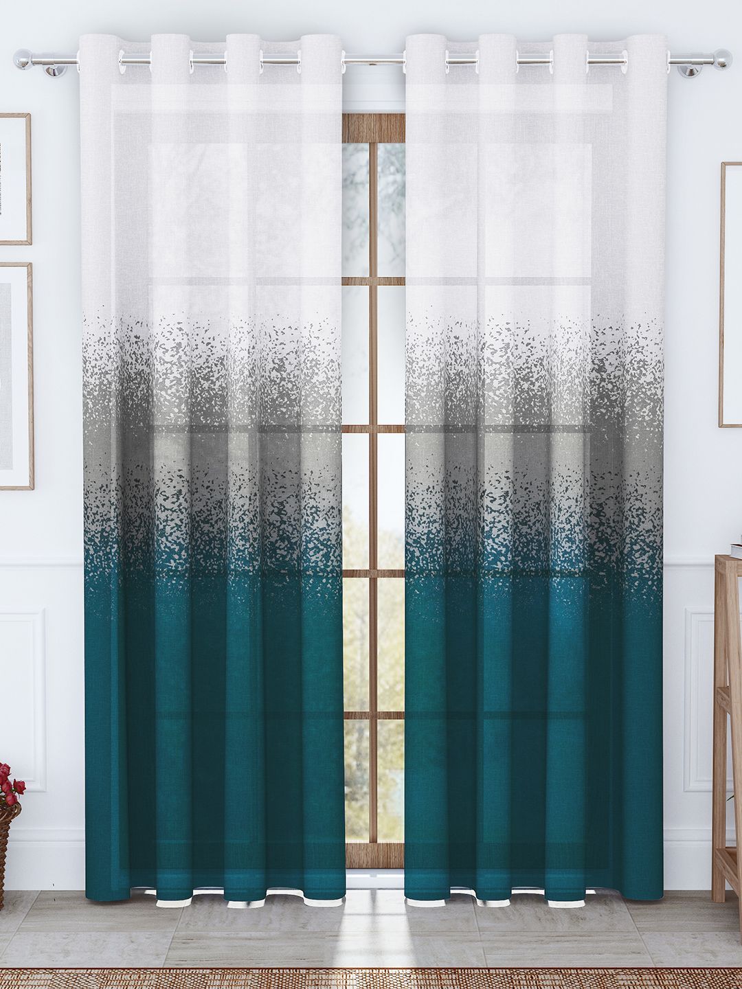 Story@home Story@home Aurum Teal & White 2 Pieces Abstract Sheer Long Door Curtains