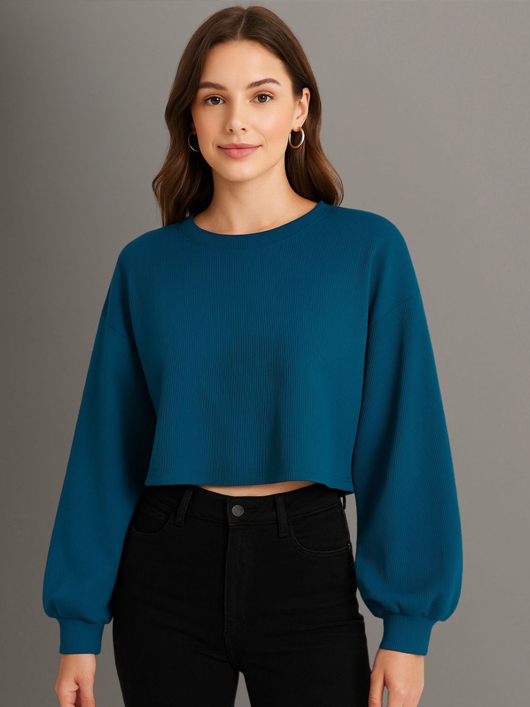 Buy Moda Rapido Ribbed Cuffed Sleeves Boxy Crop Top - Tops for