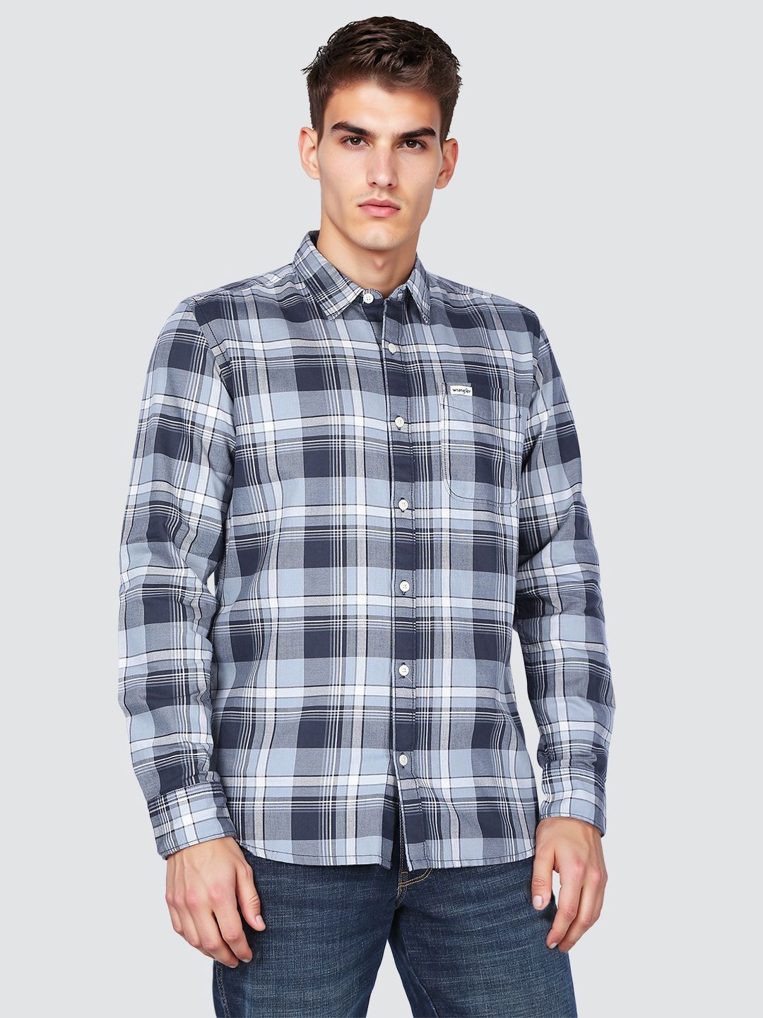Wrangler Men Tartan Checked Spread Collar Cotton Casual Shirt
