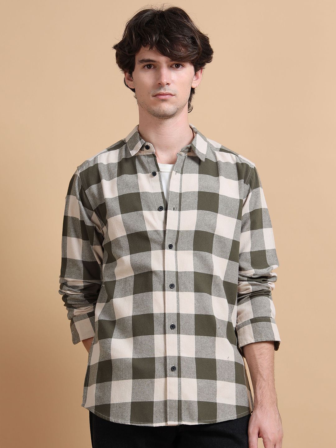 StitchX Men's Green Cream Brushed Cotton Buffalo Checkered Shirt