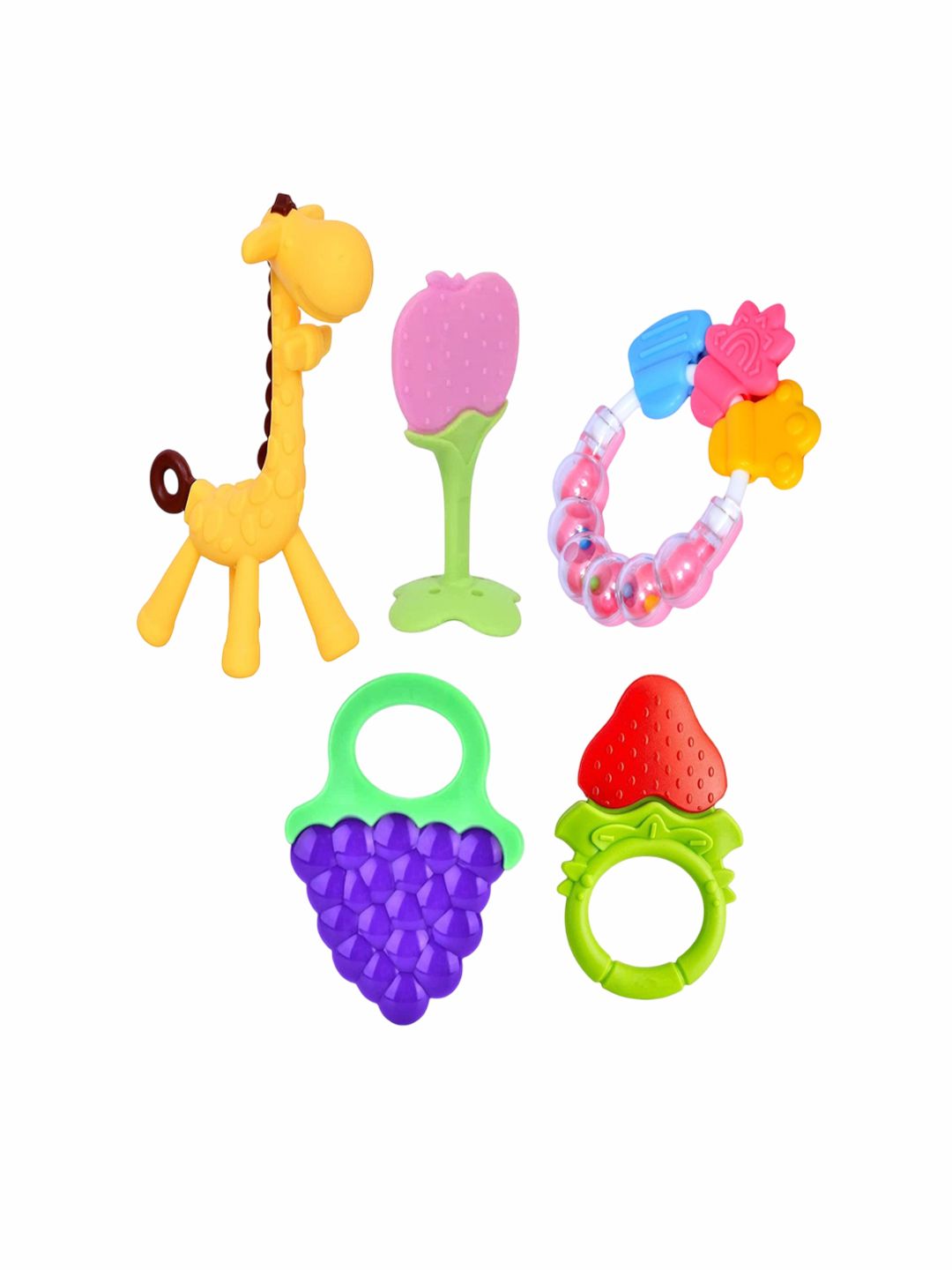 Joy Buzz Kids Set Of 5 Giraffe Rattle & Fruit Teether - Yellow & Pink