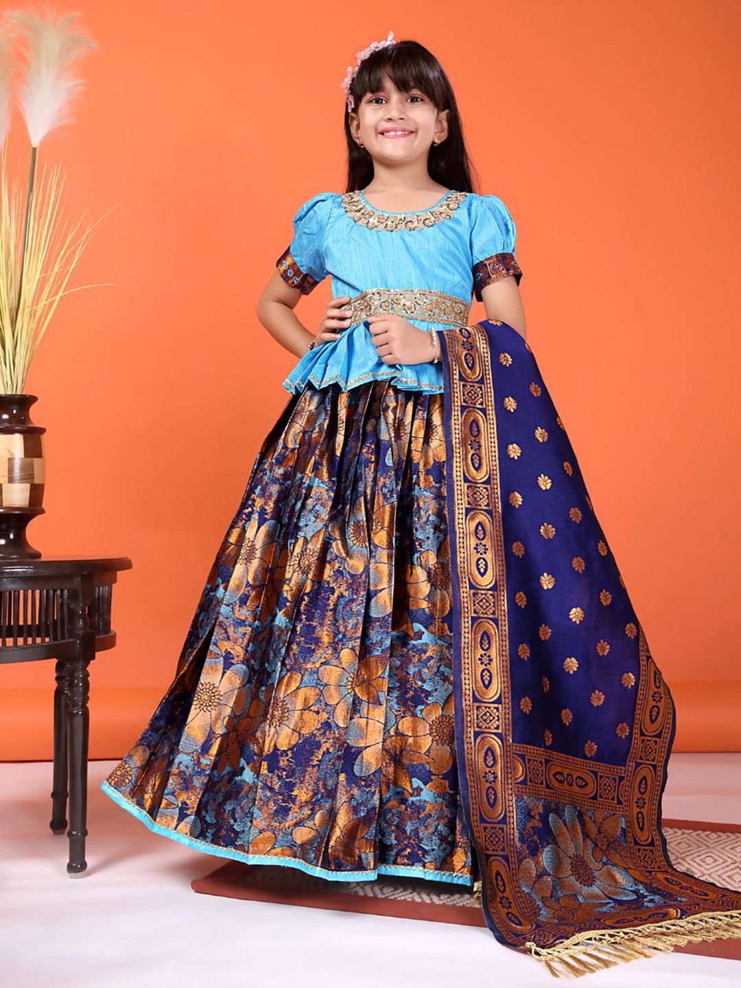 satyamfab Girls Embroidered Sequinned Ready to Wear Lehenga & Blouse With Dupatta
