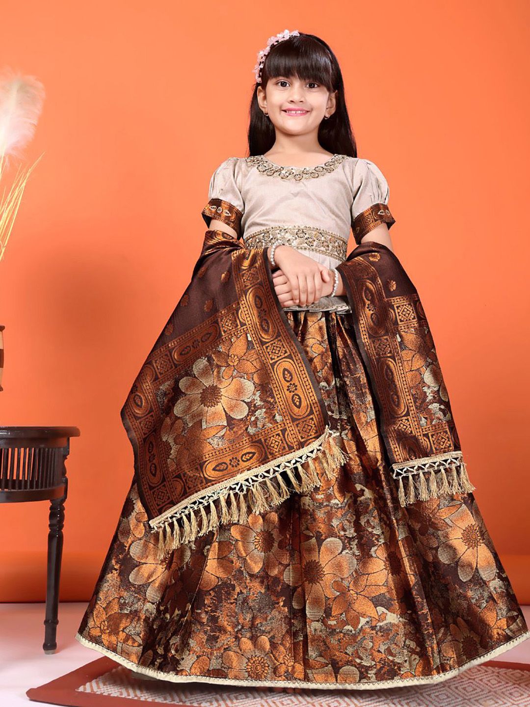 satyamfab Girls Embroidered Sequinned Ready to Wear Lehenga & Blouse With Dupatta