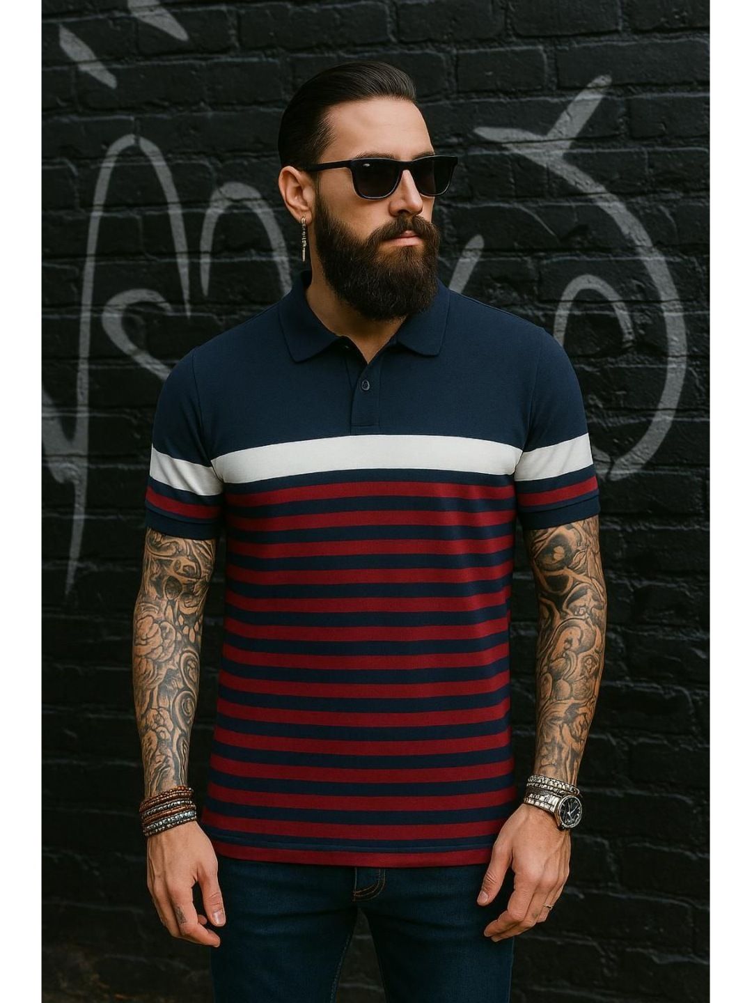 Austin wood Striped Polo Collar Cotton T-shirt