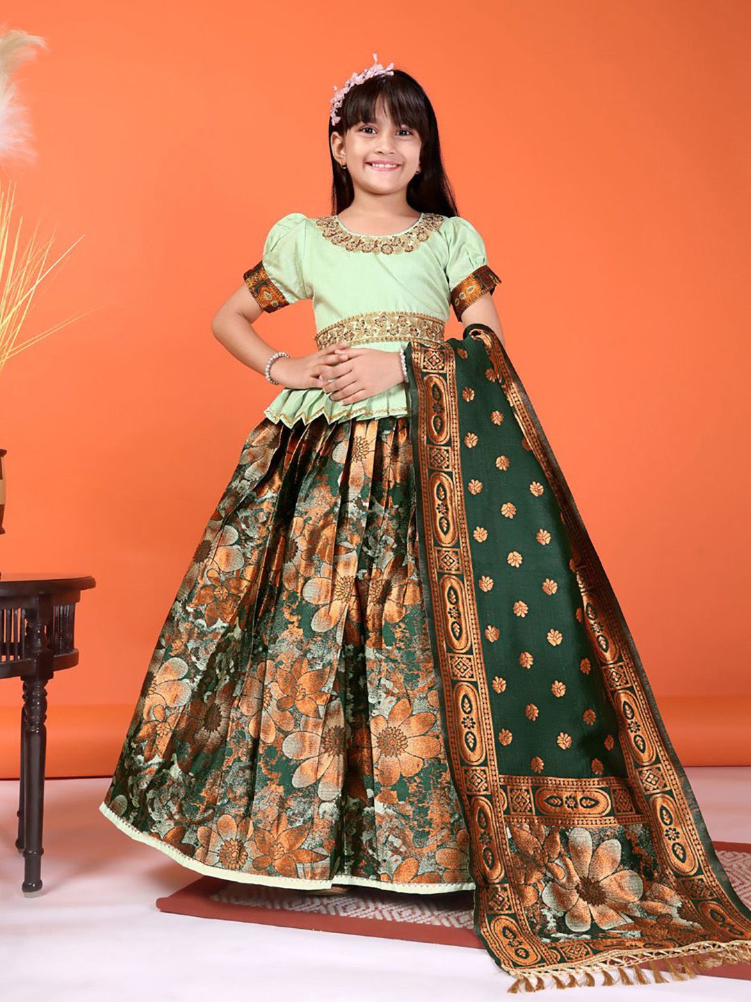 satyamfab Girls Embroidered Sequinned Ready to Wear Lehenga & Blouse With Dupatta