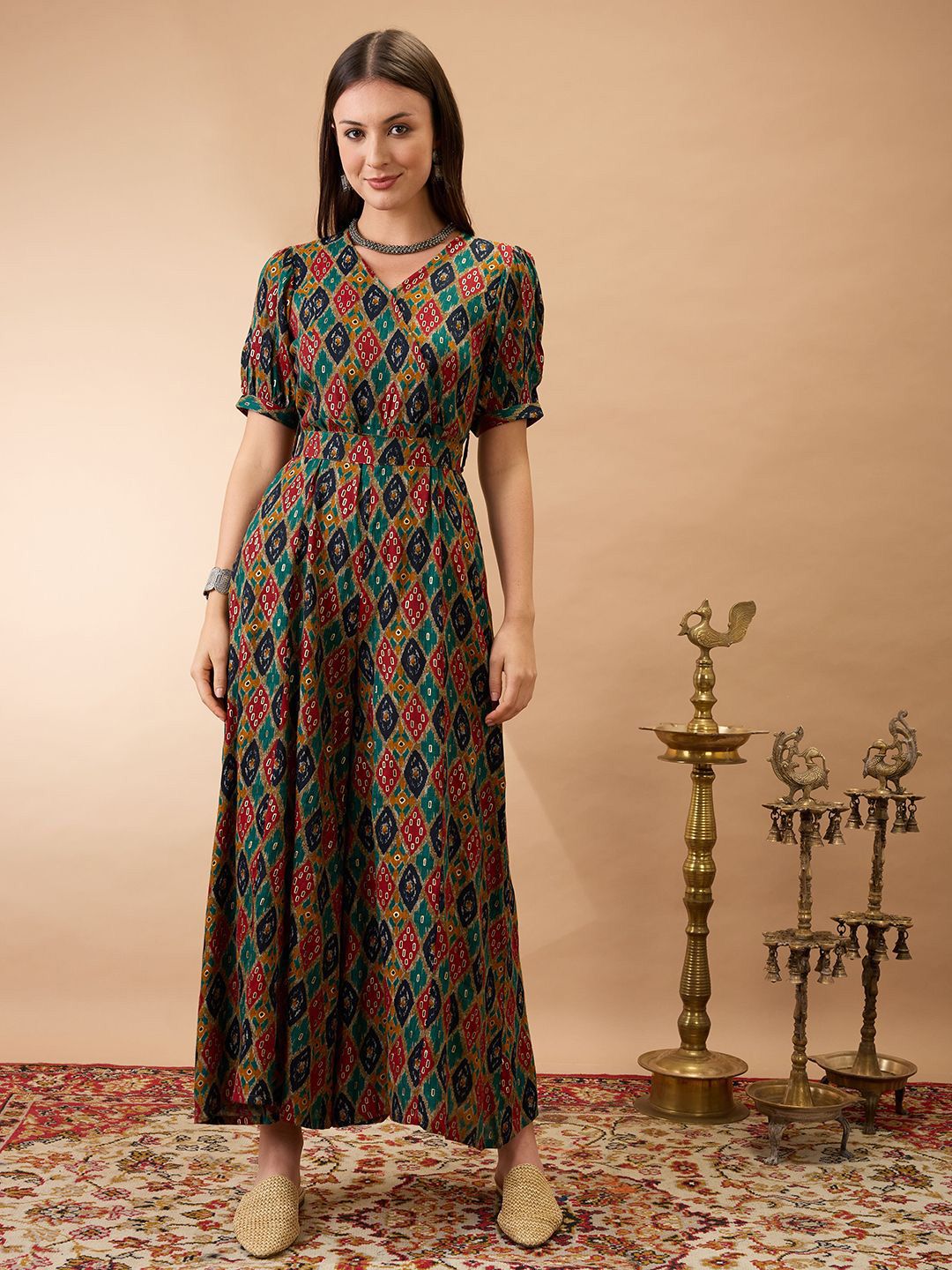 Globus Wrap V-Neck Puff Sleeves Ethnic Motifs Print Flared Wide Leg Fusion Jumpsuit with Belt