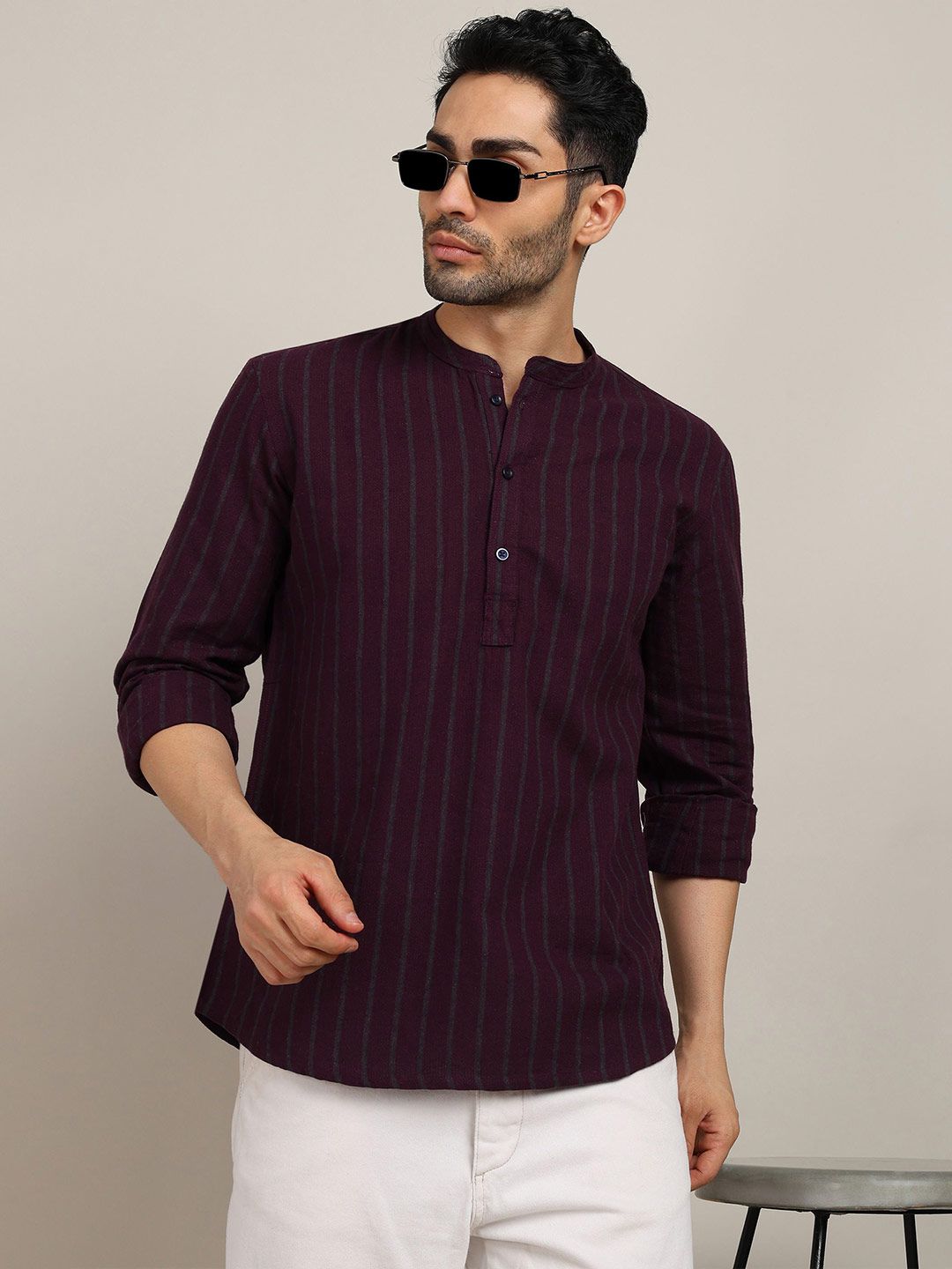 HERE&NOW Striped Mandarin Collar Pure Cotton Straight Kurta