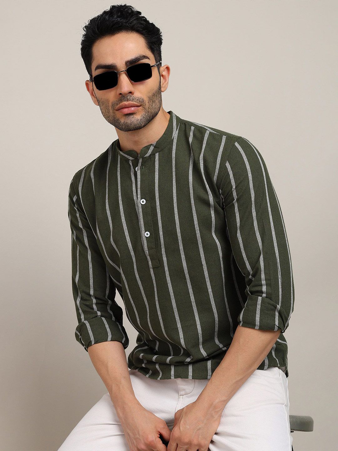 HERE&NOW Striped Mandarin Collar Straight Pure Cotton Short Kurta