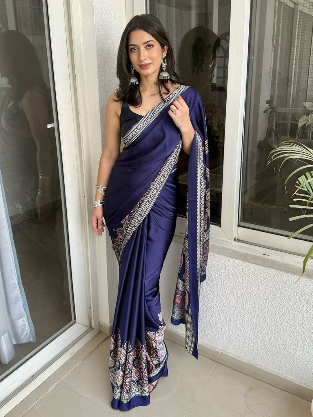 HERE&NOW Ajrak Printed Satin Saree