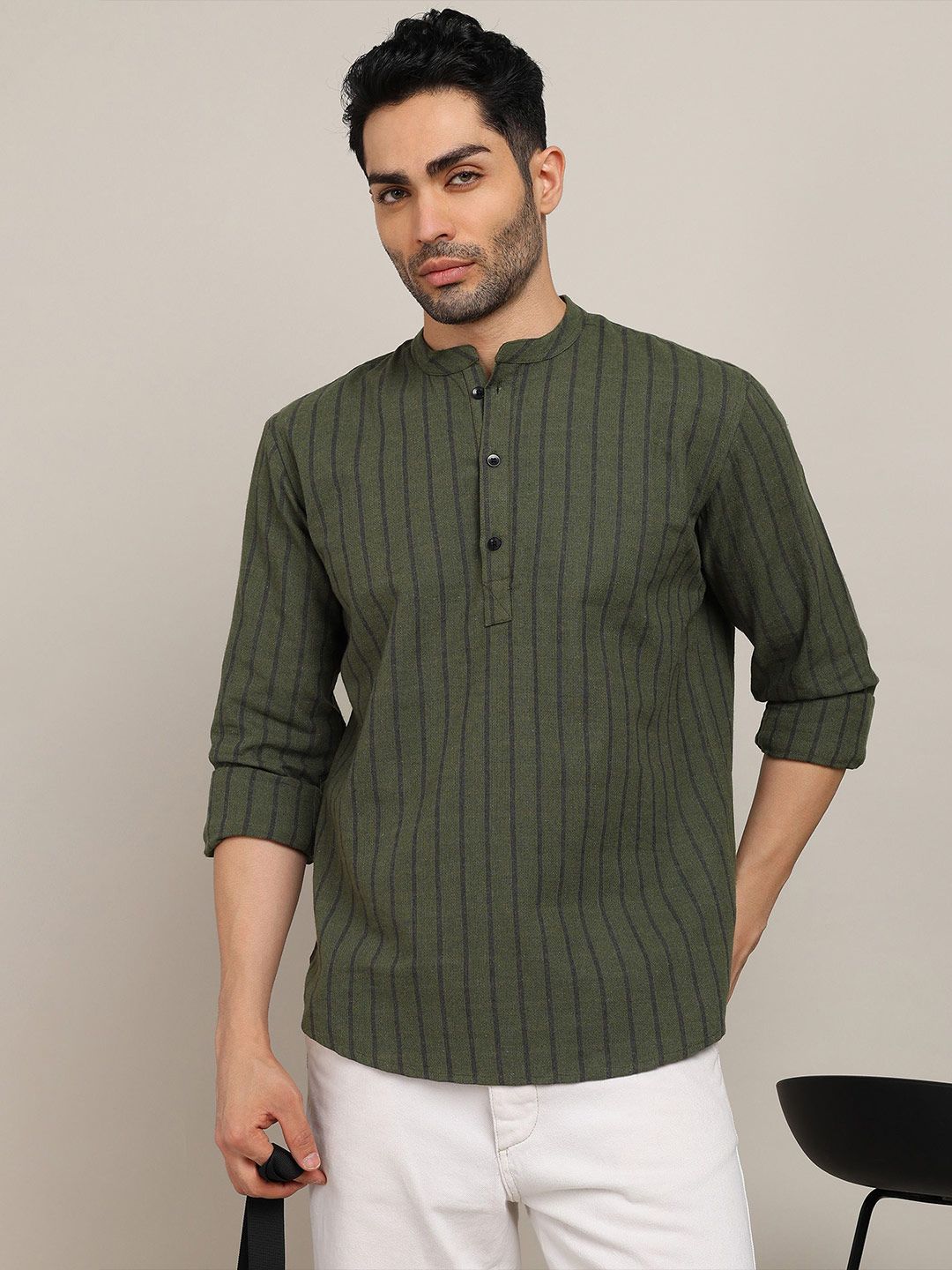 HERE&NOW HERE&NOW Striped Mandarin Collar Long Sleeves Pure Cotton Straight Short Kurta