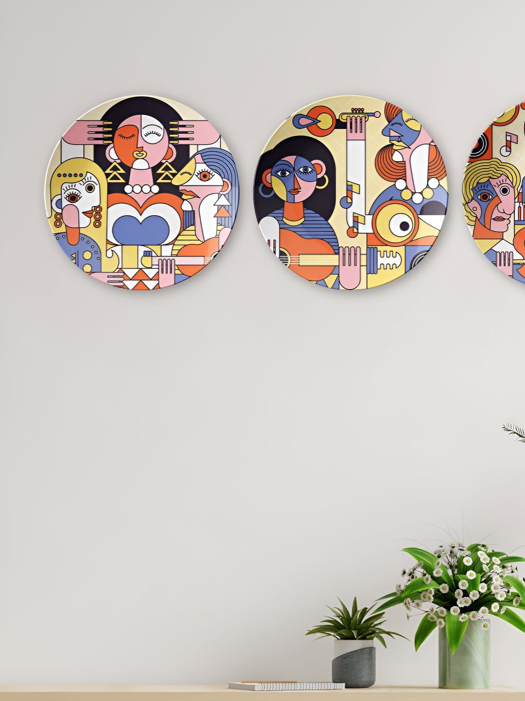 THE QUIRKY HOME Ceramic Bohemian Glossy Hanging Hall 3Pcs Wall Plates-10In