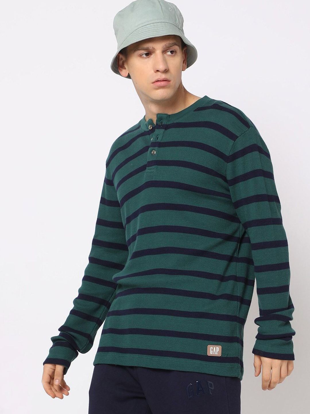 Buy GAP Striped Henley Neck Long Sleeves Pure Cotton Slim Fit T