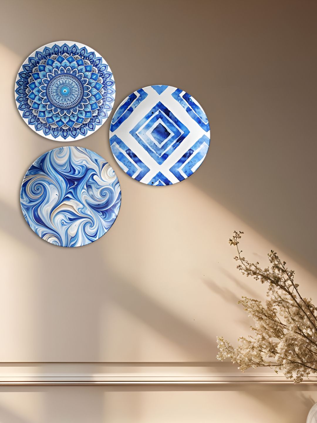 THE QUIRKY HOME Nature's Symphony Ceramic Bohemian Glossy Hall 3Pcs Wall Plates-10In