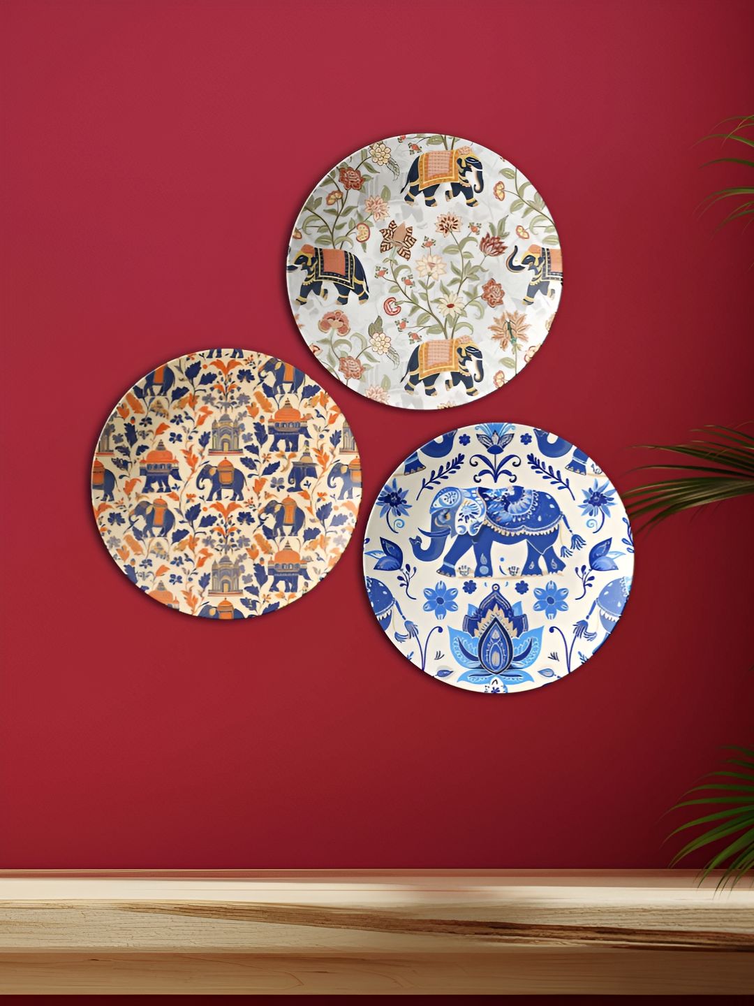 THE QUIRKY HOME Royal Elephant Medallions Ceramic Bohemian Glossy 3Pcs Wall Plates-9.8In