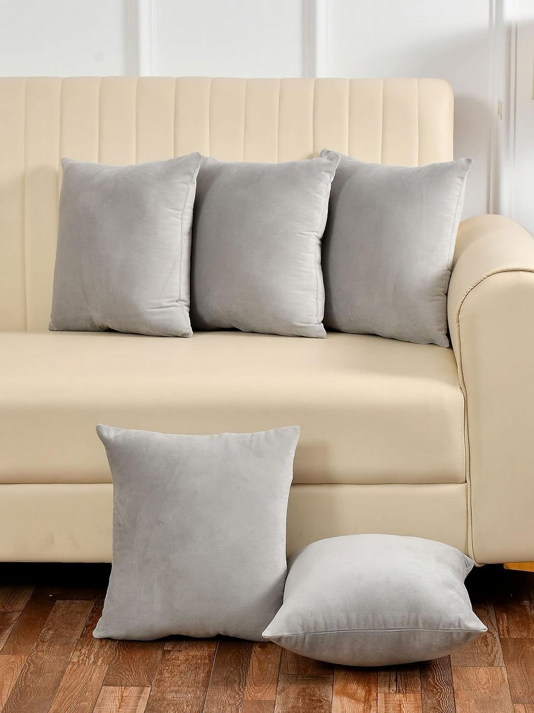 Yellow Weaves Grey 5 Pieces Velvet Square Cushion Covers