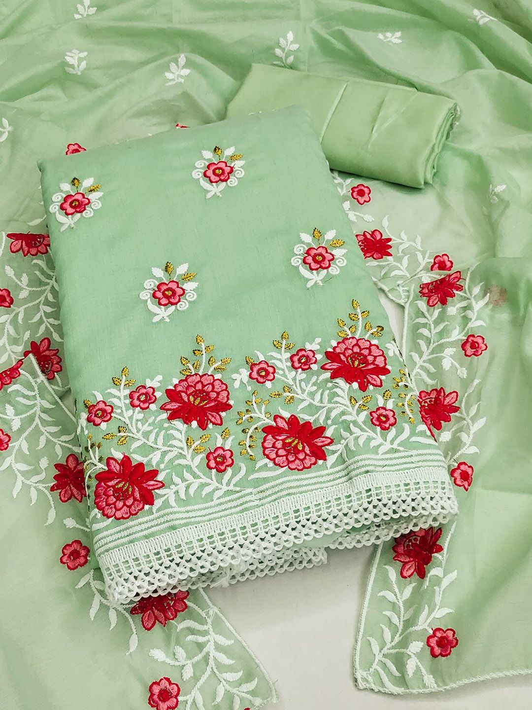 Leeza Store Floral Embroidered Thread Work Unstitched Dress Material