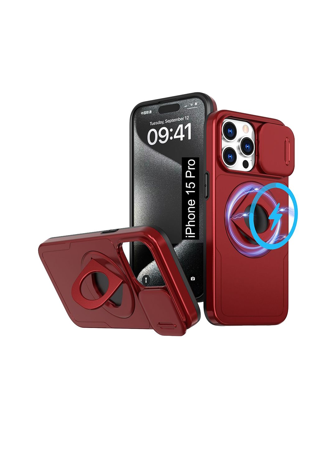 Luxury Kase iPhone 15 Pro Mag-Safe Shockproof Rugged Back Case with Ring Kickstand