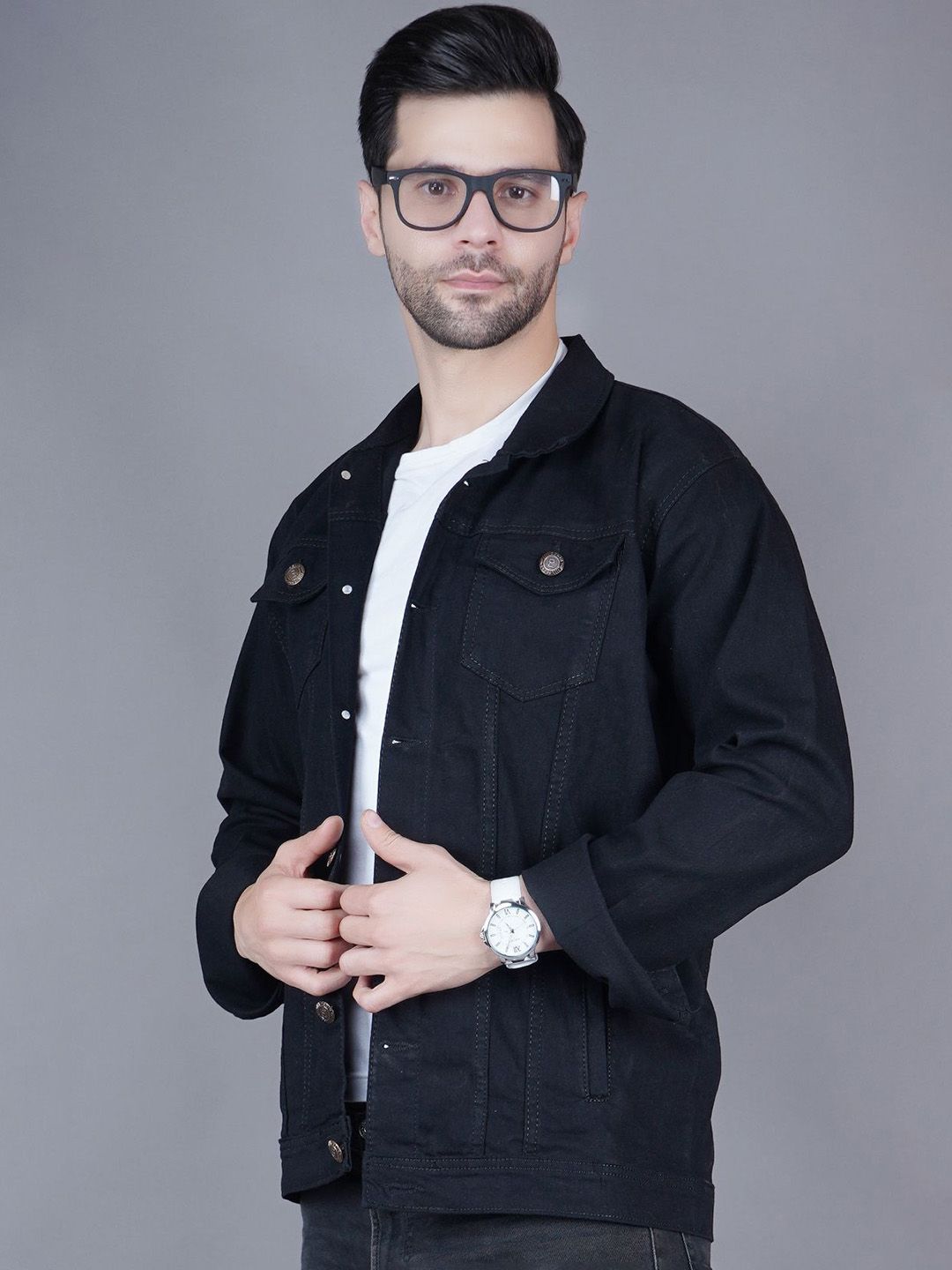 LINARIA Men Spread Collar Solid Casual Denim Jacket