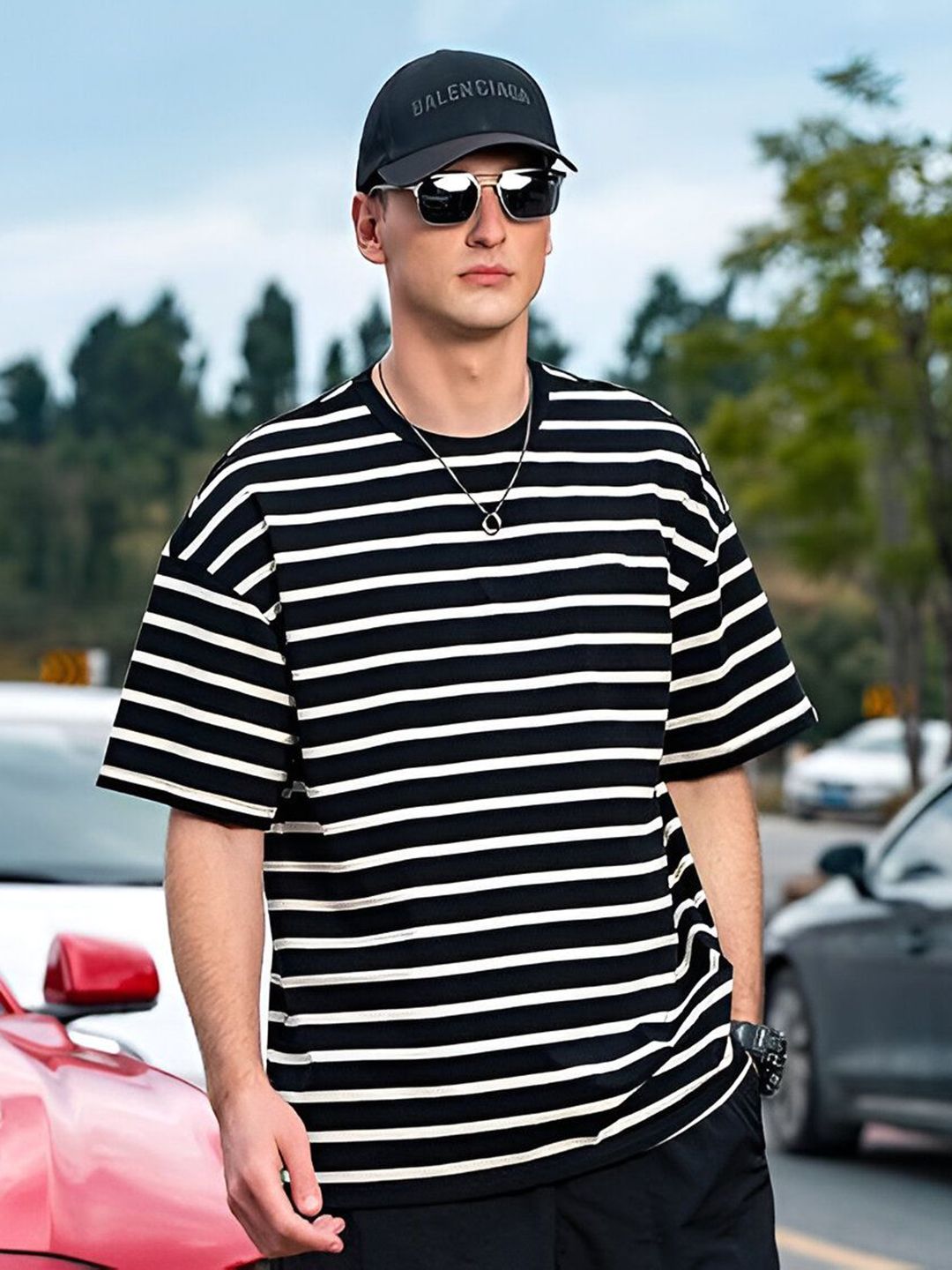 TOGS & TERRE Striped Round Neck Oversized Organic Cotton T-shirt