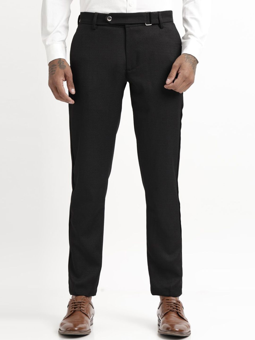 Blu MNKY Men Smart Textured Self Design Slim Fit Mid-Rise Formal Trousers