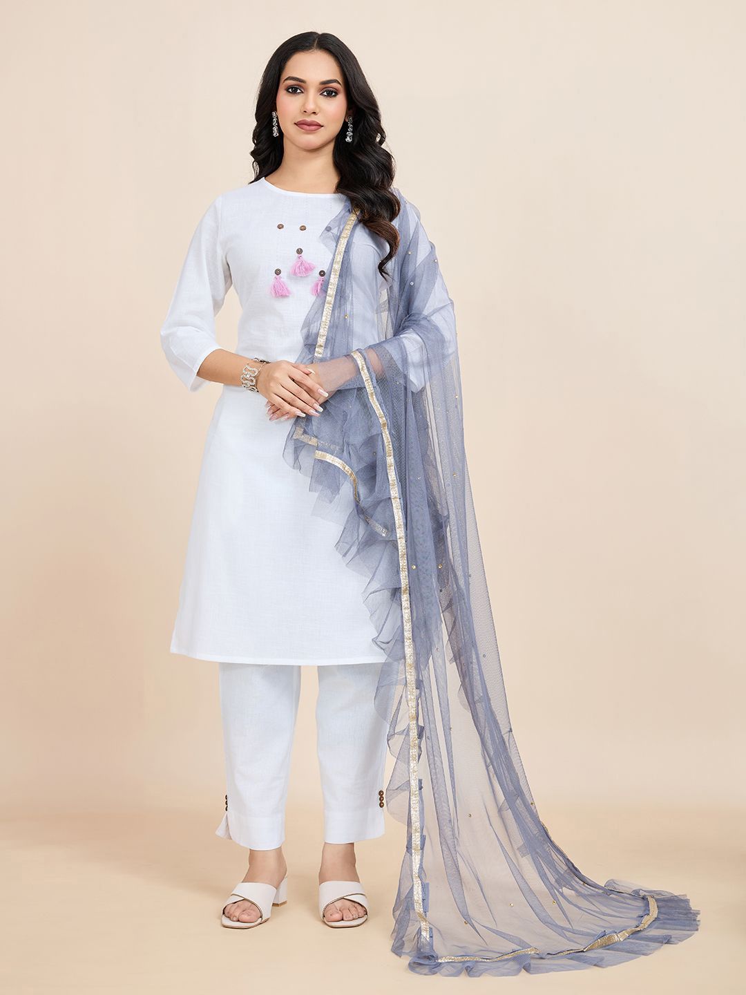 House of Pataudi Geometric Embroidered Frill-Detail Net Dupatta With Sequinned