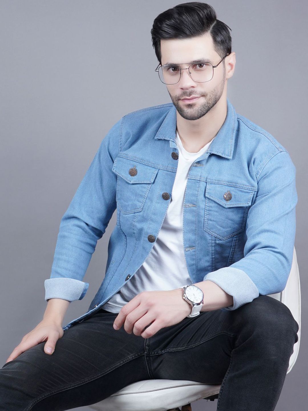 LINARIA Men Spread Collar Solid Casual Denim Jacket