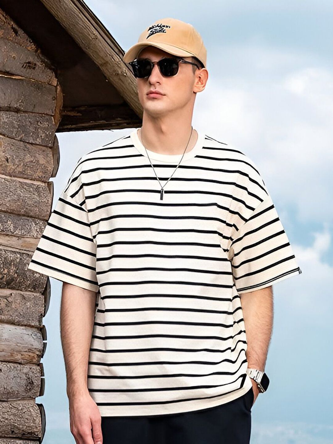 TOGS & TERRE Striped Round Neck Oversized Organic Cotton T-shirt