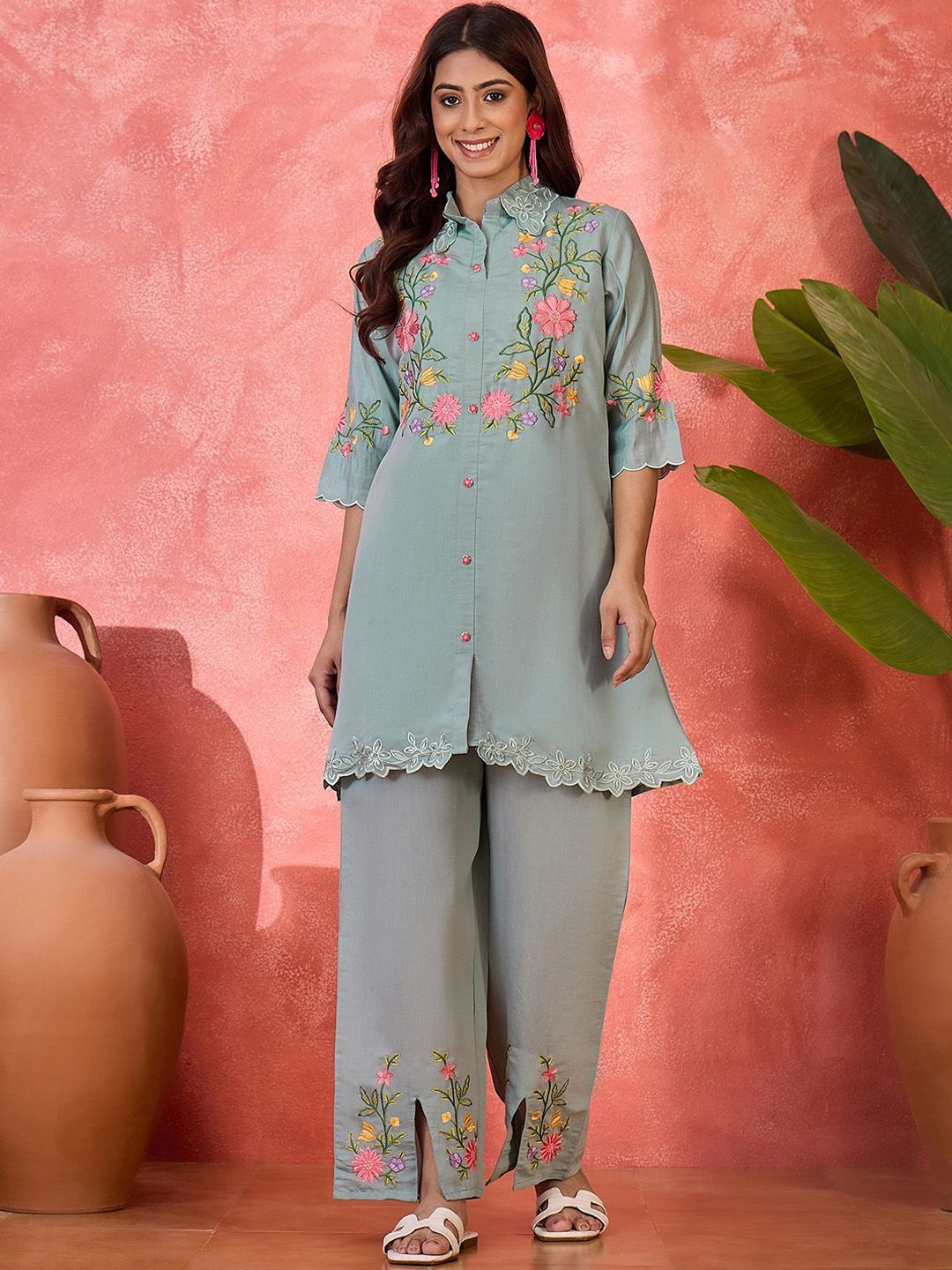 Sangria Floral Embroidered Tunic & Trousers Co-Ord Set