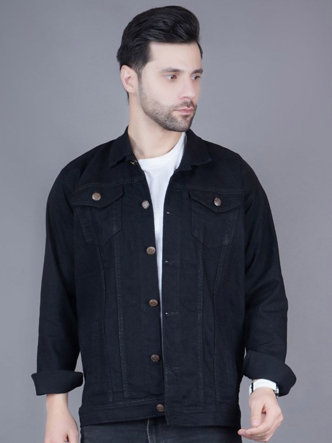 LINARIA Men Spread Collar Solid Casual Denim Jacket