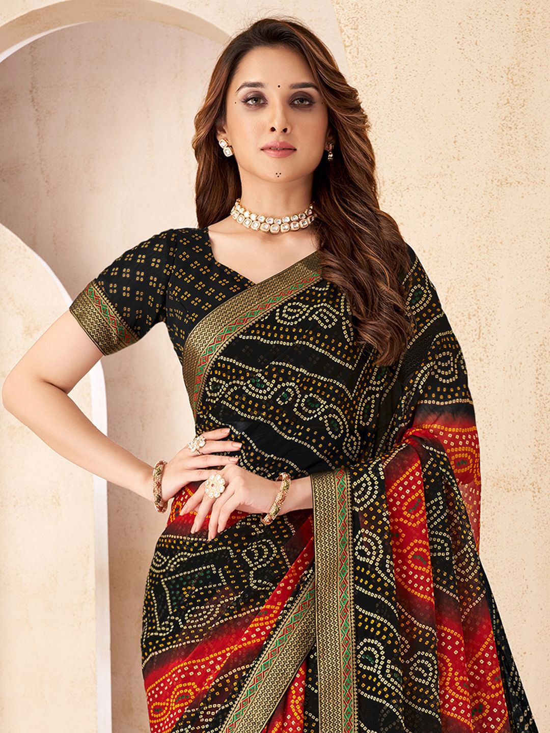 Anouk Rustic Bandhani Print Zari Pure Chiffon Bandhani Saree Price in India
