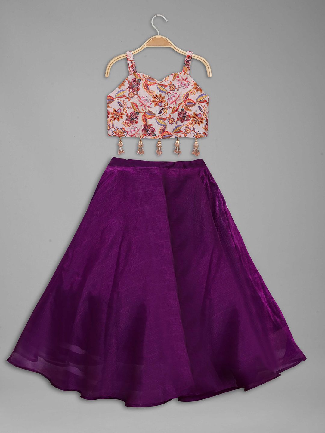 Anneca Girls Floral Printed Beads & Stones Linen Ready to Wear Lehenga With Choli